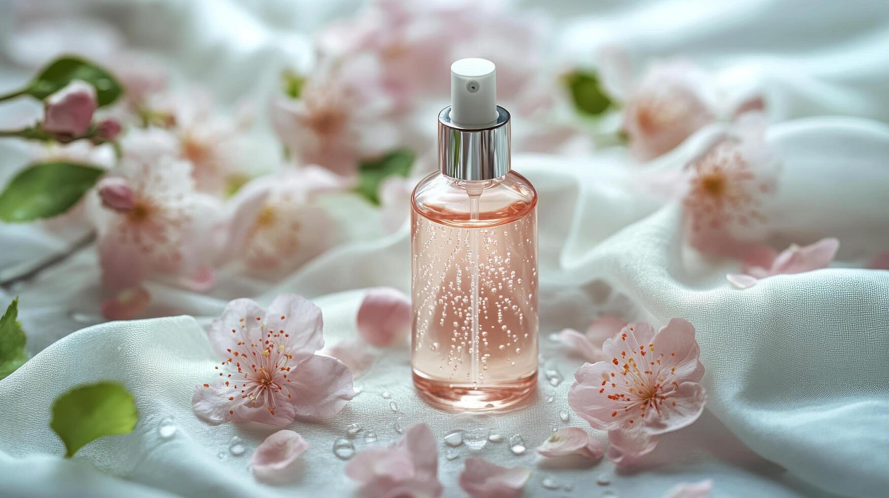 A bottle of perfume sitting on a table with flowers photo