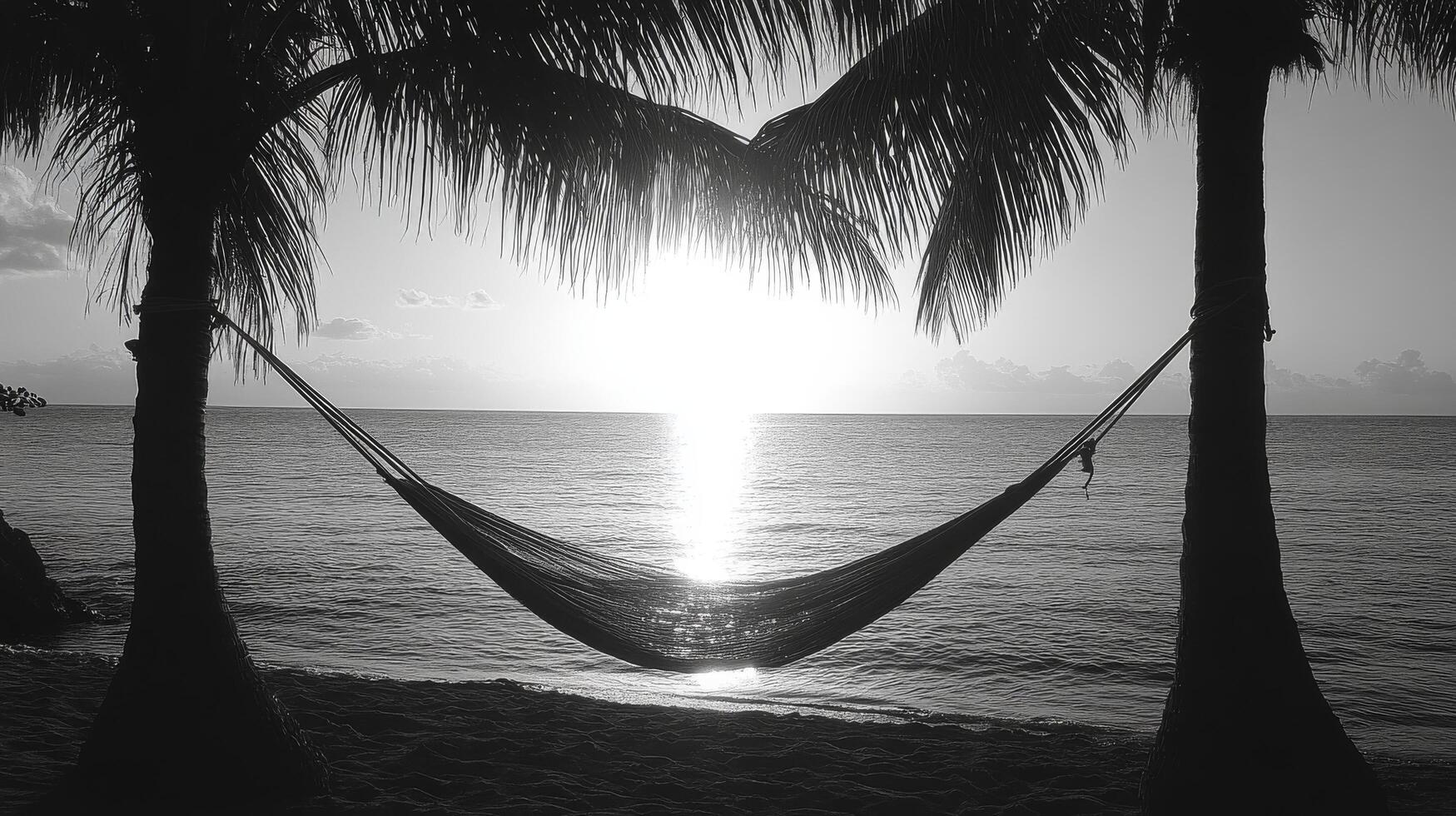 A hammock is hanging between two palm trees at sunset photo