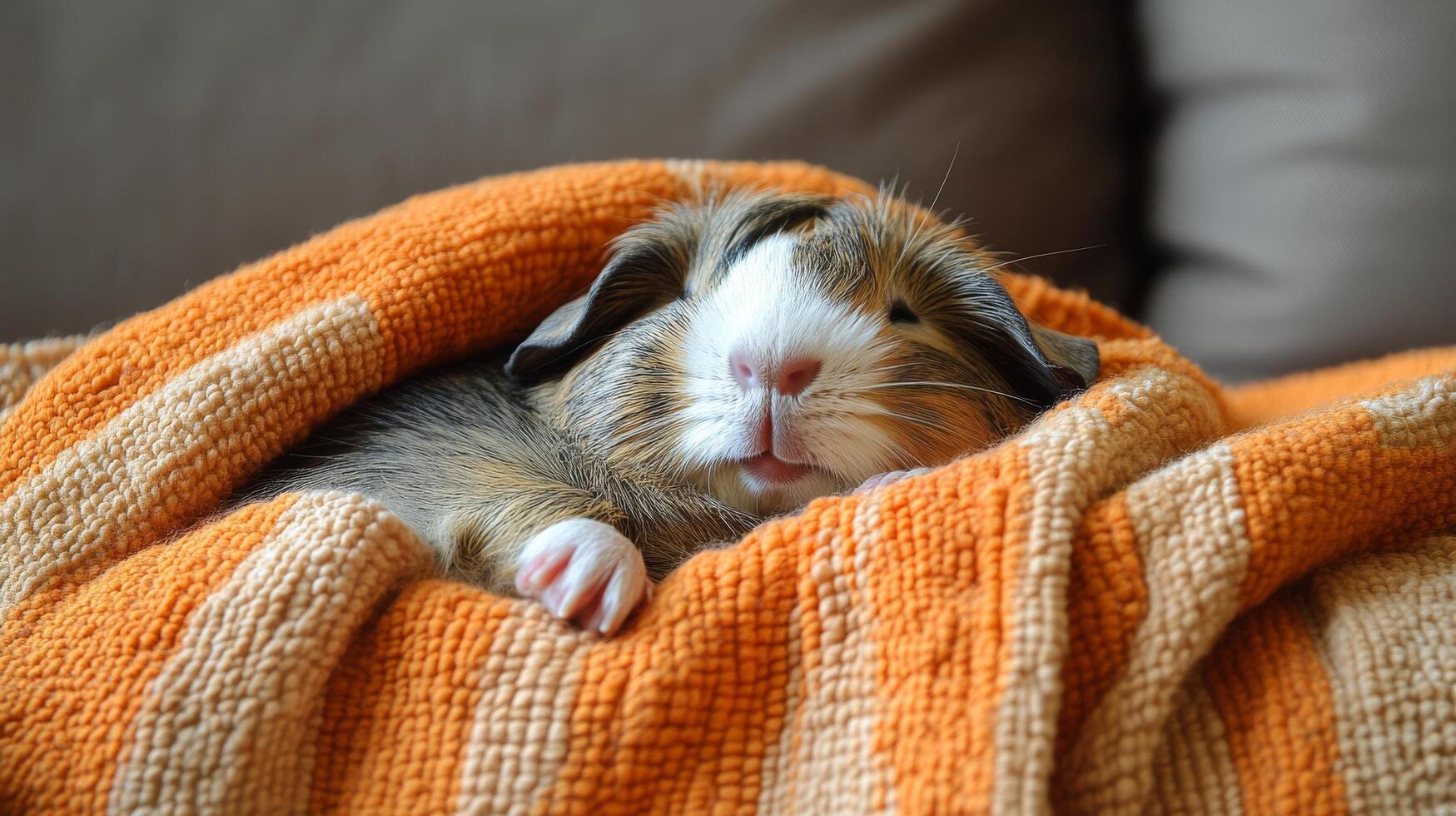 A guinea pig is wrapped in an orange blanket photo