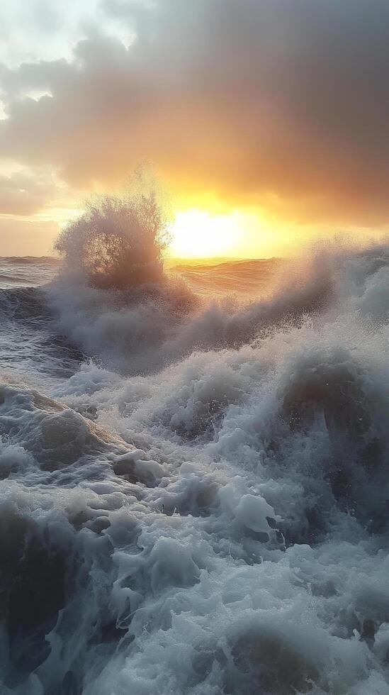 A large wave crashing into the ocean at sunset photo
