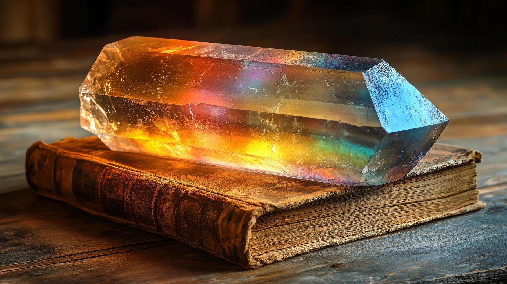 A crystal is sitting on top of an old book photo