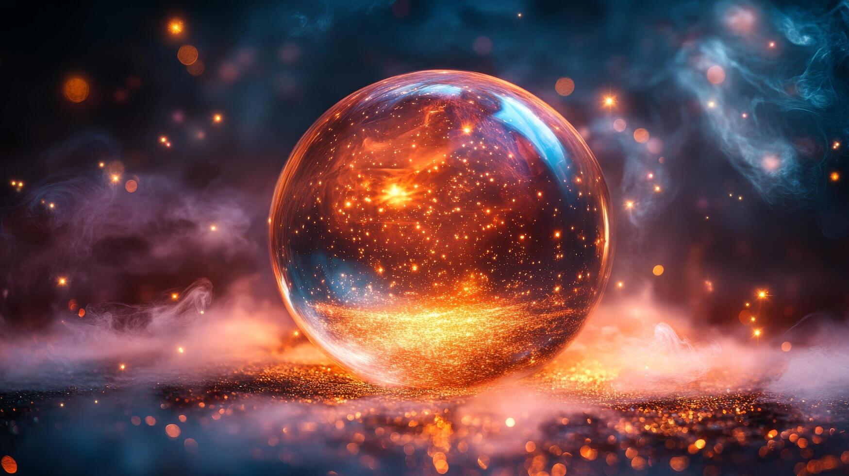 An image of a crystal ball with fire and smoke photo