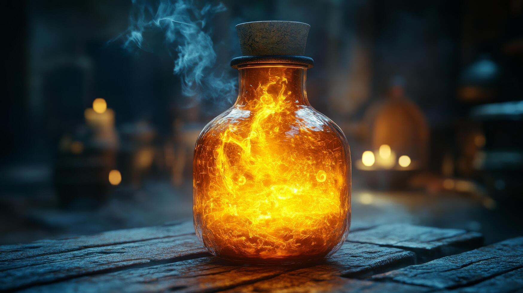 A bottle with fire inside of it on a table photo