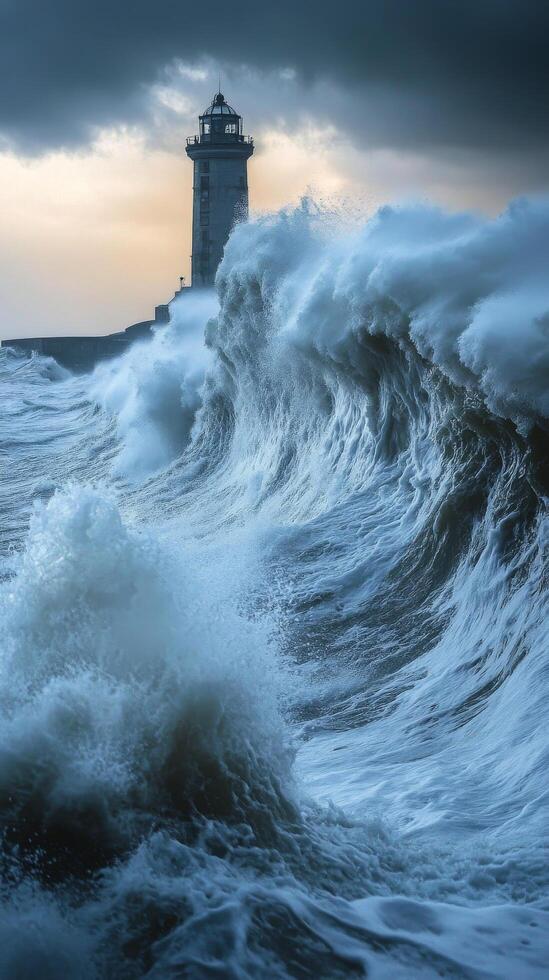 A lighthouse is in the middle of a stormy sea photo
