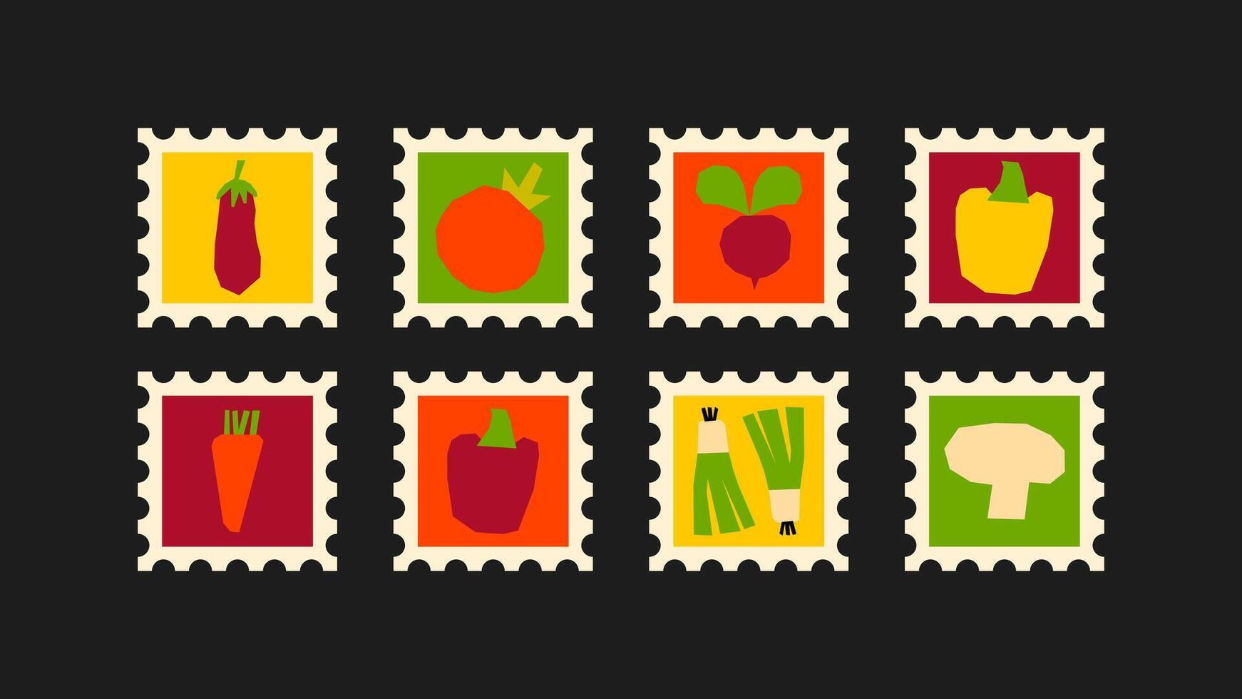Vegetable stamp set- cabbage, tomato, avocado, rs, celery, carrots, pepper. Includes postage stamp or poster designs of vegetarian farm products from the garden hand-drawn in flat and naive style vector