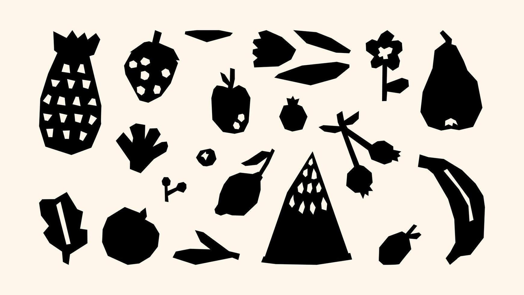 Fruit black and white set apple, banana, orange, pear, grapes, strawberry, watermelon. A collection of fresh and vibrant fruits, drawn in a flat and naive style, inspired by a garden harvest vector