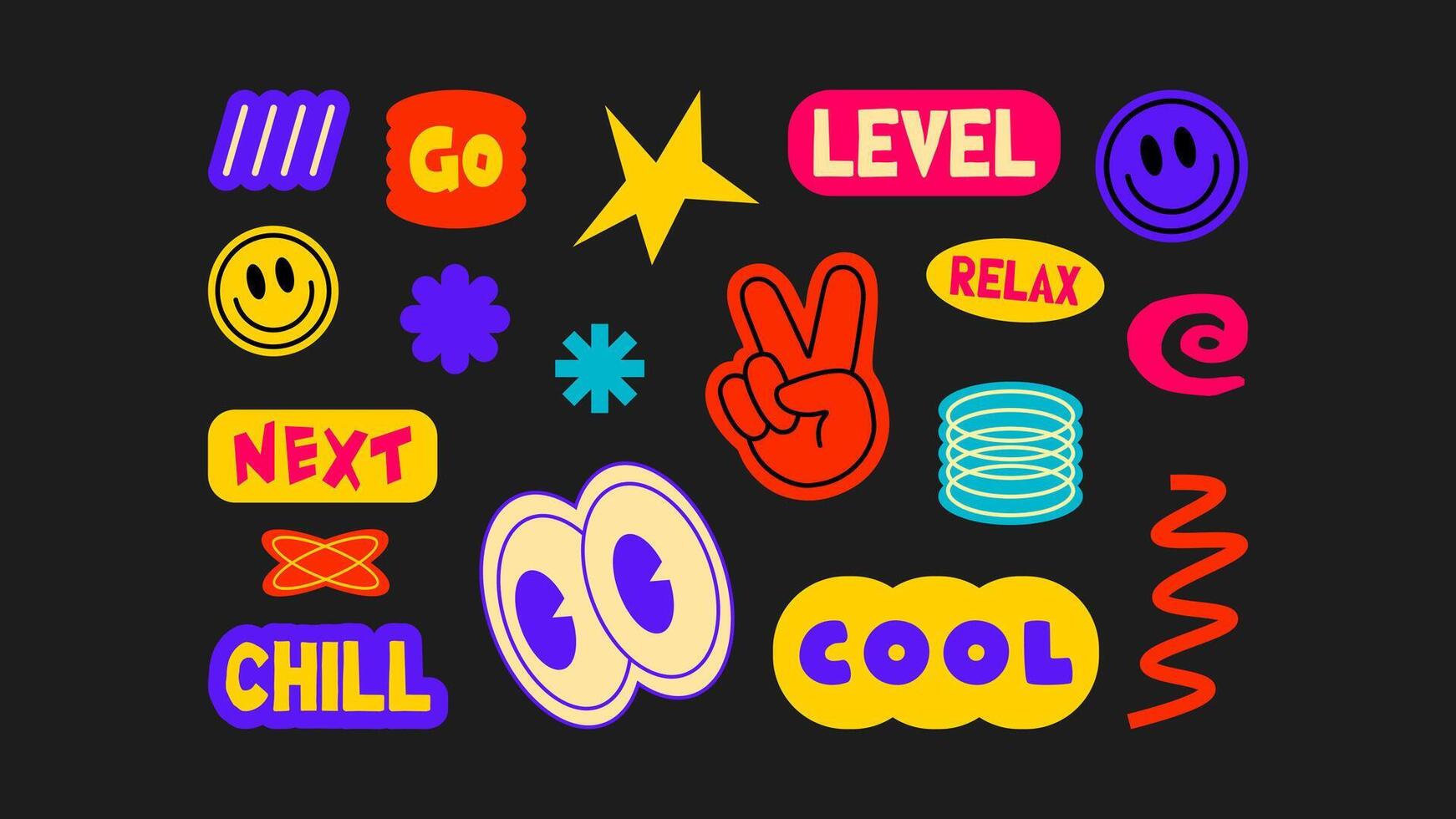 Futuristic Y2K patches, labels, tags, stickers, and bracelet stamps with a retro aesthetic. Cartoon-style stickers in a funky, hipster, groovy, and grunge 90s design. Trendy set vector