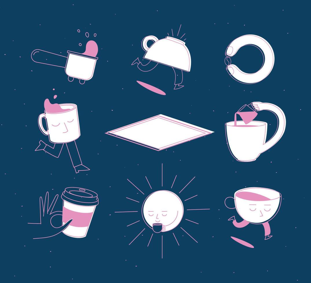 Coffee shop elements bottomless portafilter, running cup, coffee bean, sun, take away, milk jug drawing in cartoon flat line on blue vector