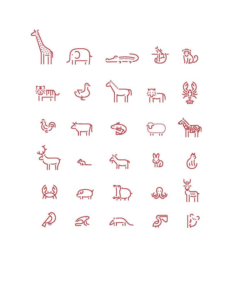 Animals collection giraffe, elephant, crocodile, sloth, tiger, cheetah, bird, horse, lion, lobster, parrot, bull, fish, sheep, zebra, deer, squirrel, goat drawing with red on beige background vector