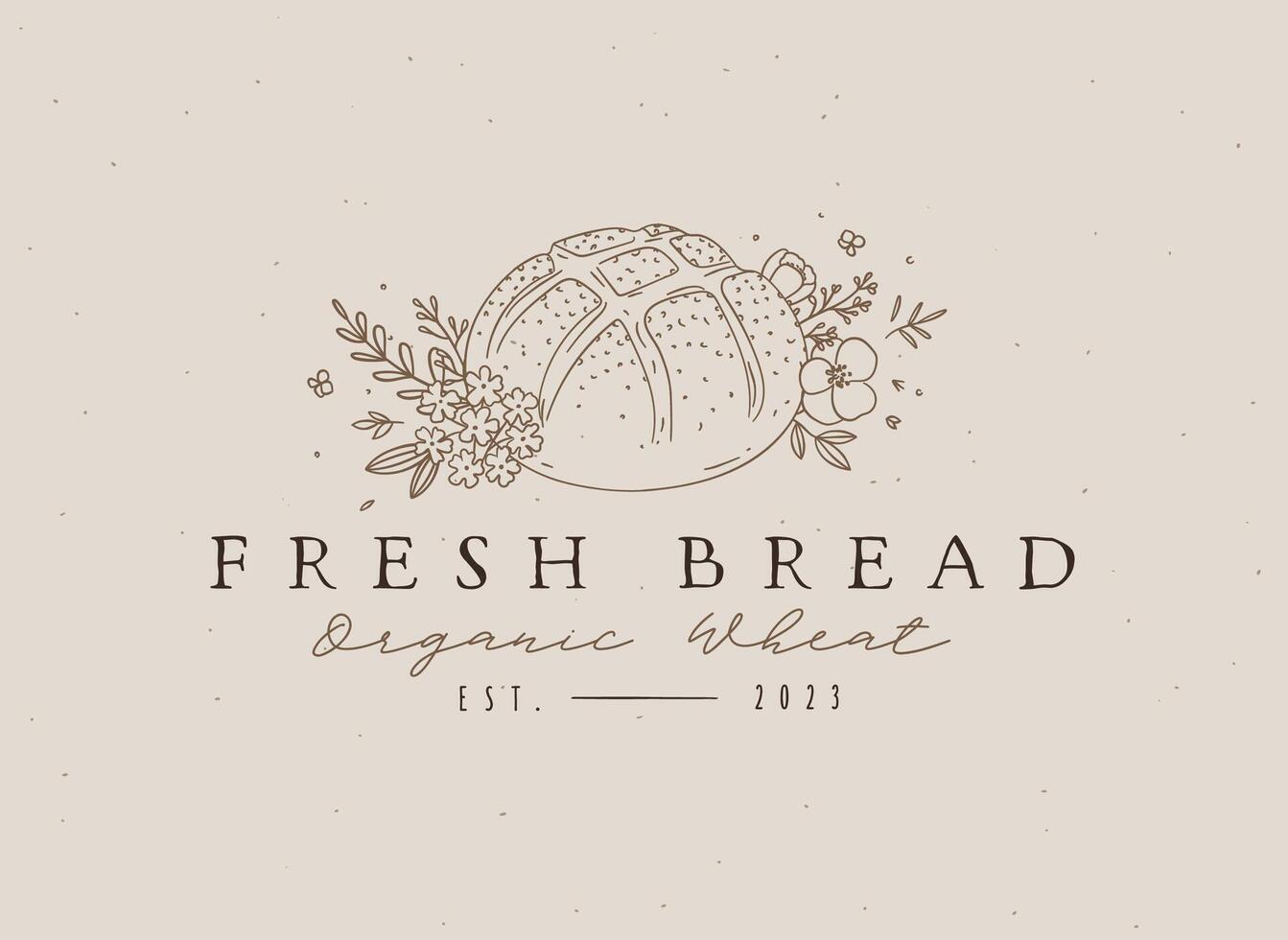 Farm bread with inscription organic wheat and floral arrangement drawing on beige background vector