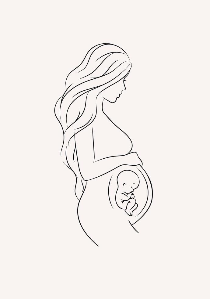 Pregnant woman with a baby drawing in linear style on light background vector