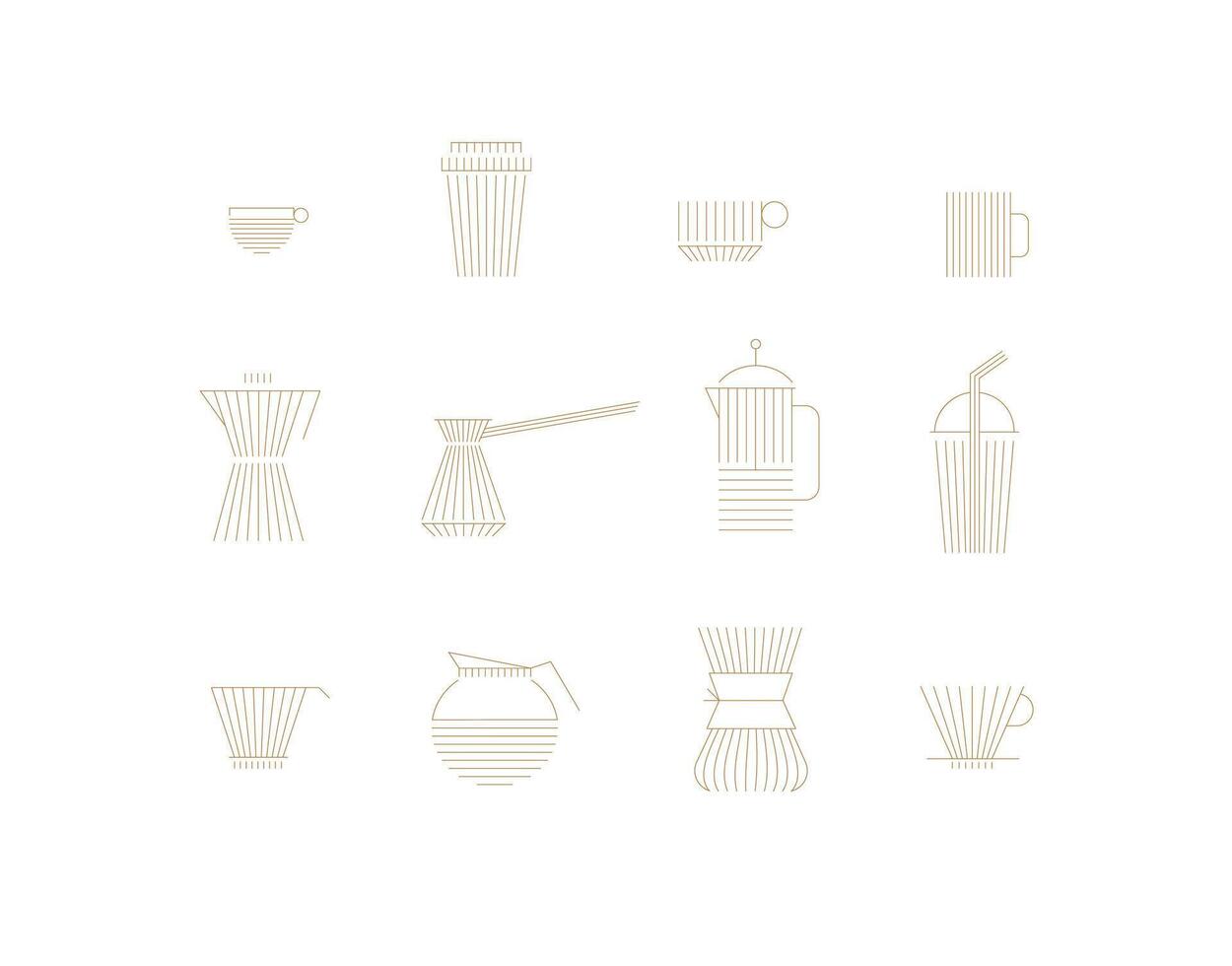 Coffee linear icon set cup, glass, french press, maker, filter, drip, turk, pot drawn with flat beige lines on white background vector