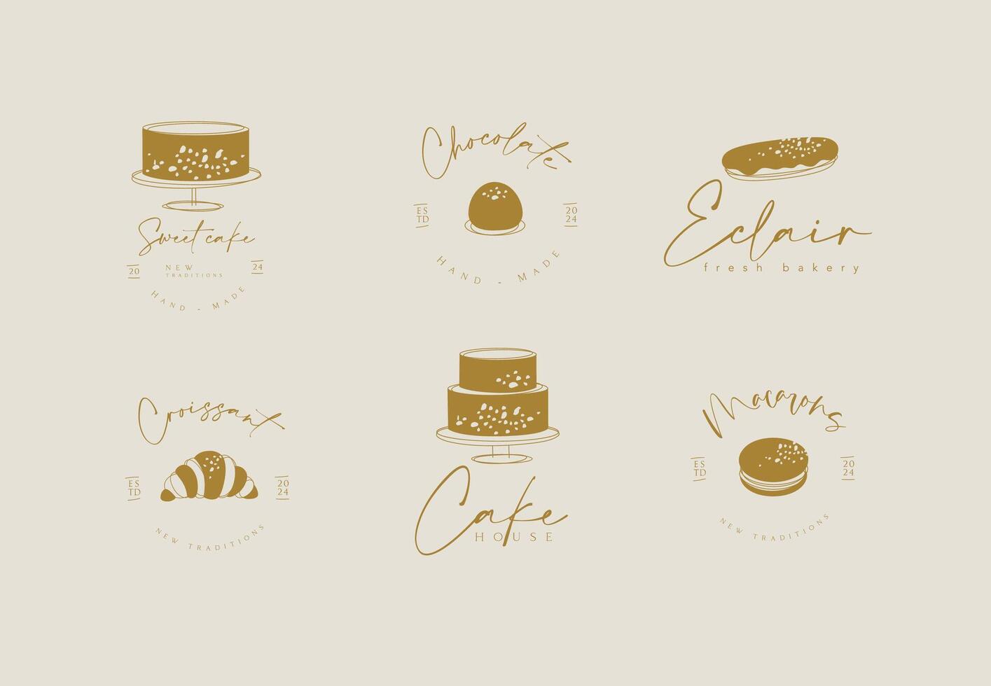 Confectionery sweet labels cake, candy, eclair, croissant, macarons with text drawing on beige background vector