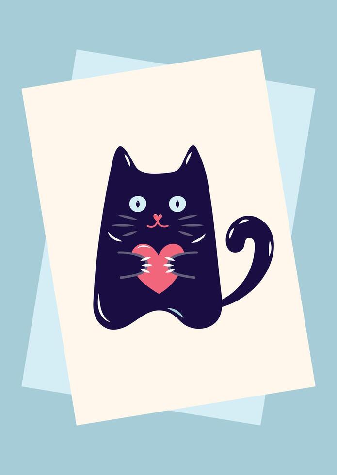 Valentine's Day Card with Cute cat. Simple cute greeting card in pastel colors. illustration. vector