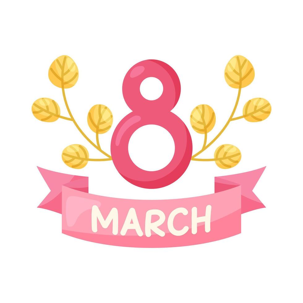 March 8 Women's Day Postcard with number 8 and golden leaves. Simple cute greeting card. illustration. vector