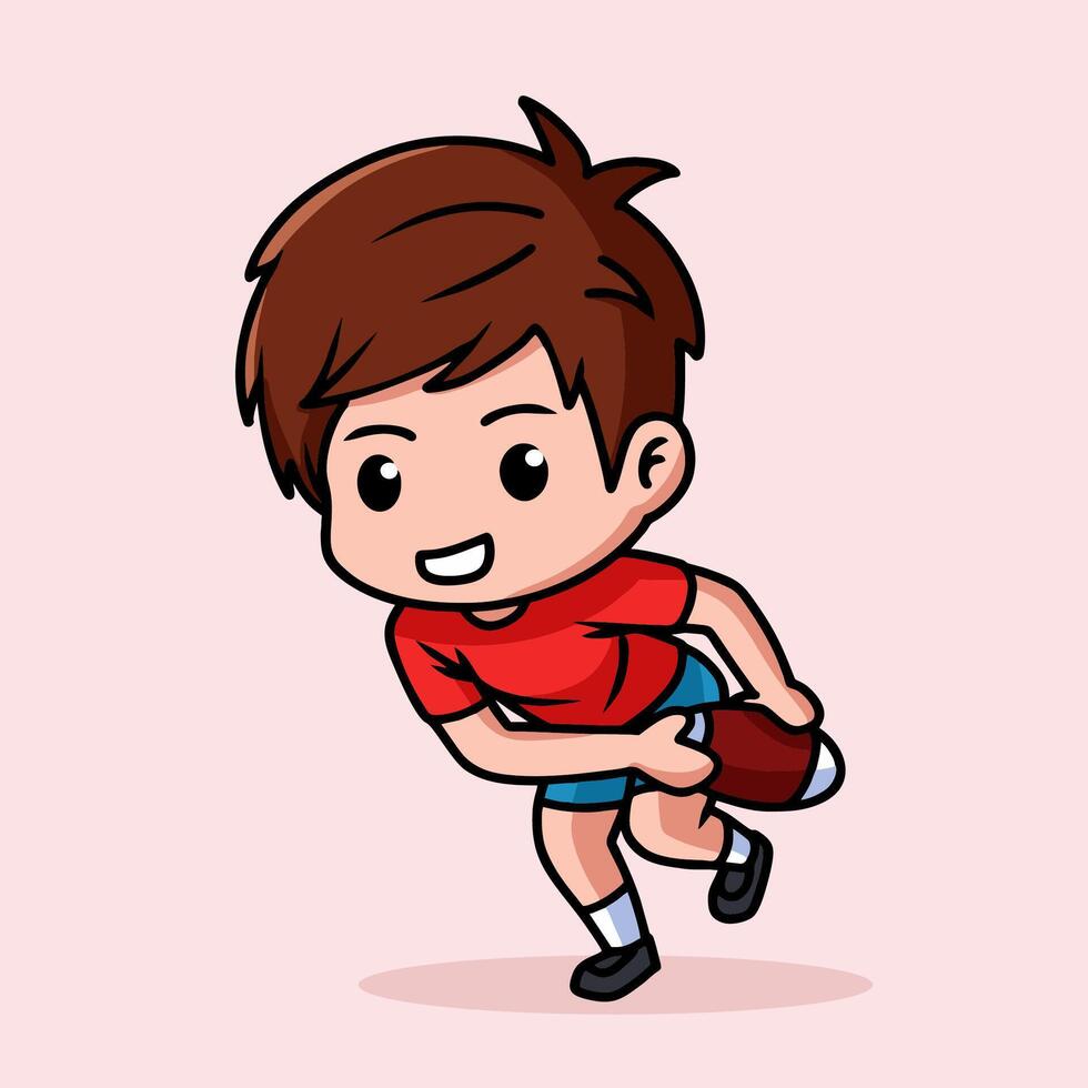 Boy rugby player holding a rugby ball in running pose, chibi character vector