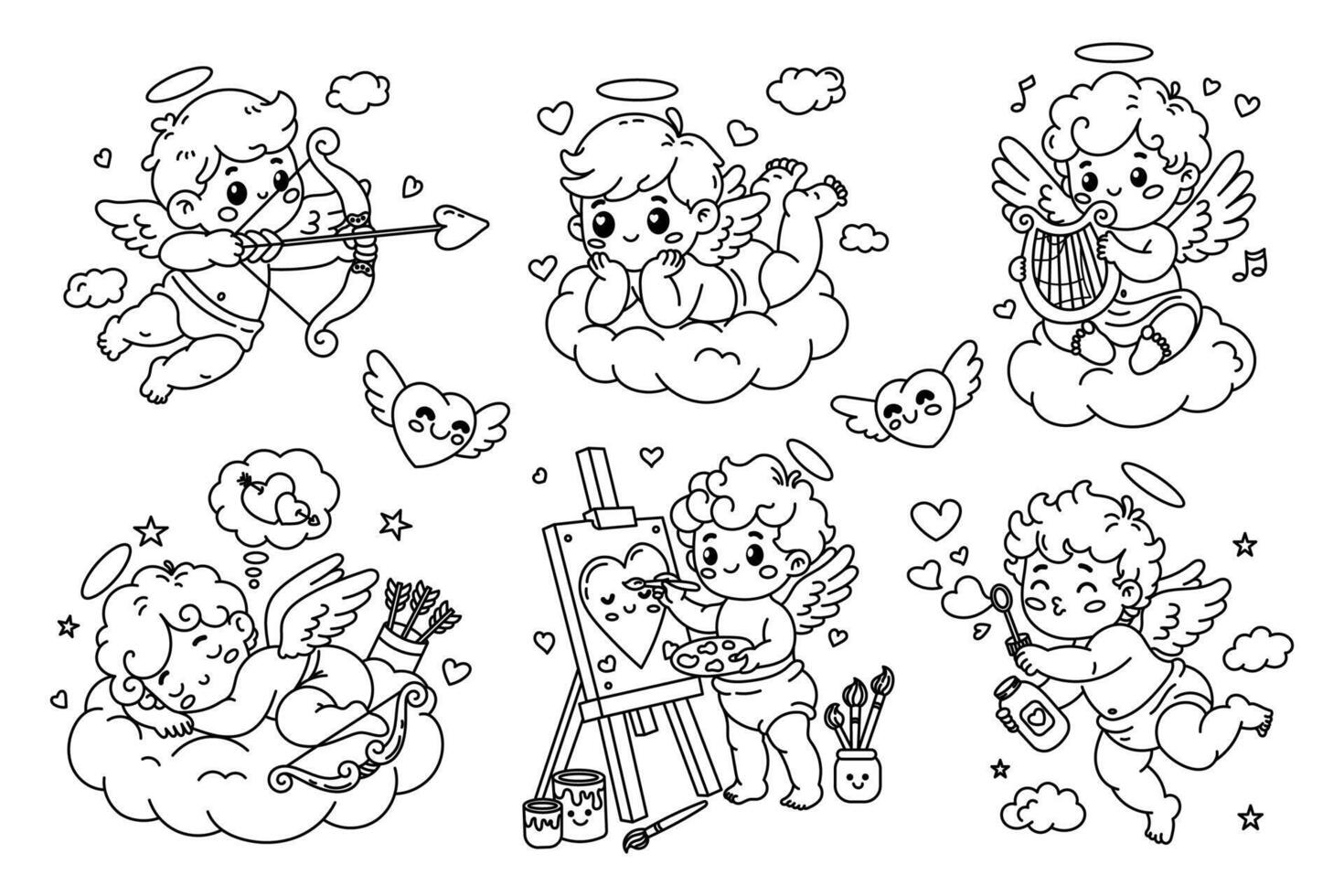 set of Cupid illustrations. Cupid playing harp, painting, shooting arrows, sleeping, blowing bubbles, dreaming vector