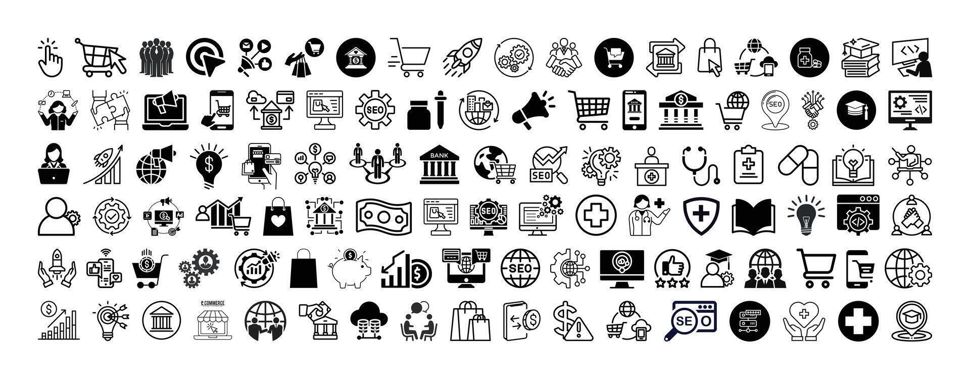 Simple mix icon set collection such Icons as Business, Marketing, Shopping, Banking, E-commerce, SEO, Technology, Medical, Education, Web Development. vector
