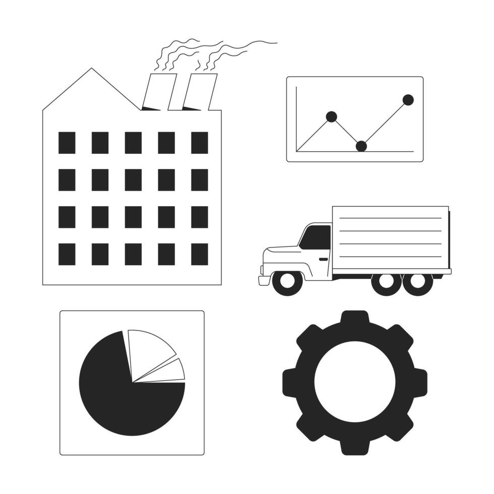 Industrial logistics black and white 2D line objects set. Manufacturing, analytics. Factory, truck, pie chart, gear isolated clip arts outline items collection. Monochrome spot illustrations vector