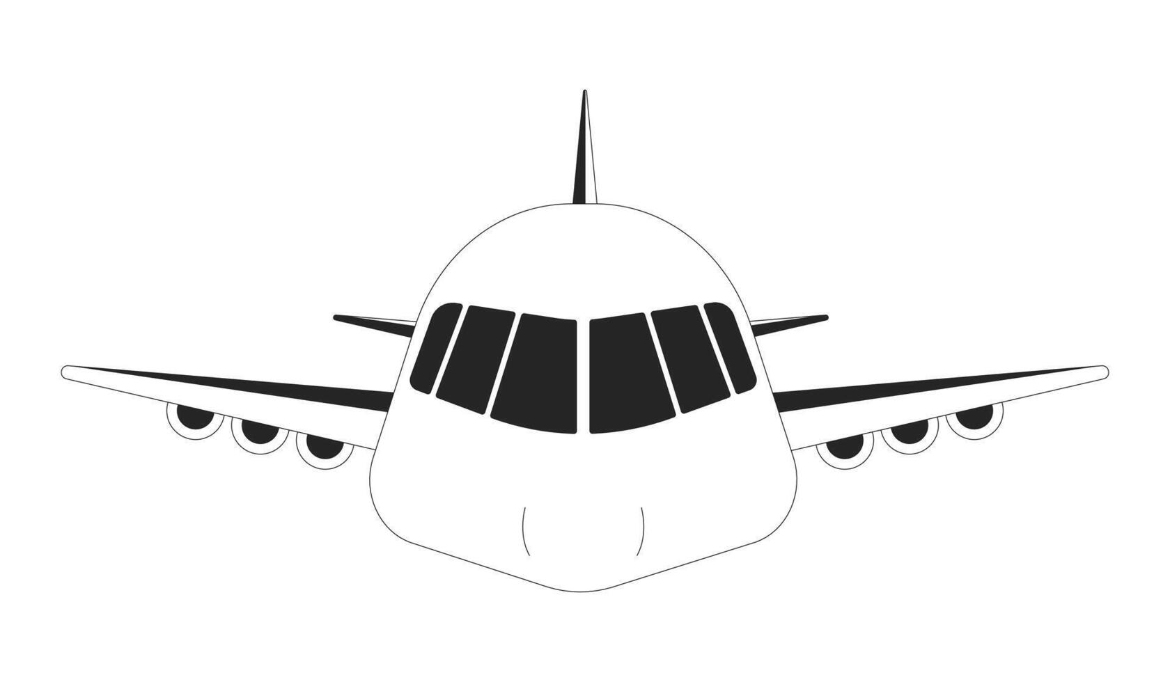 Airplane front view black and white 2D line object. Airline industry. Flight transport. Commercial aircraft. Air travel, aviation isolated clip art outline item. Monochromatic spot illustration vector