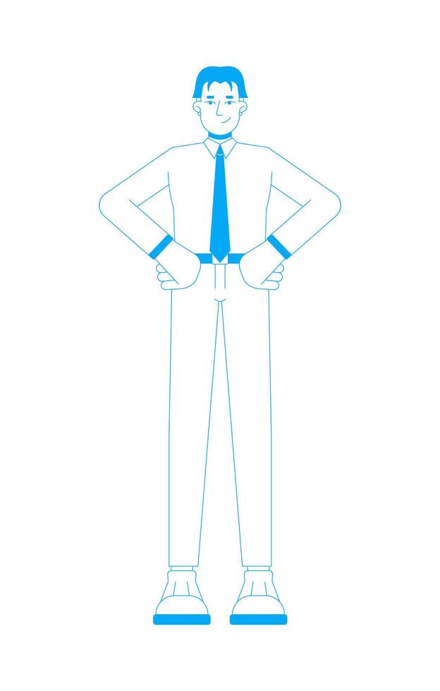 Asian businessman in shirt tie with hands on hips 2D outline cartoon character. Office worker male modern professional isolated person flat on white background. Spot illustration colorful vector