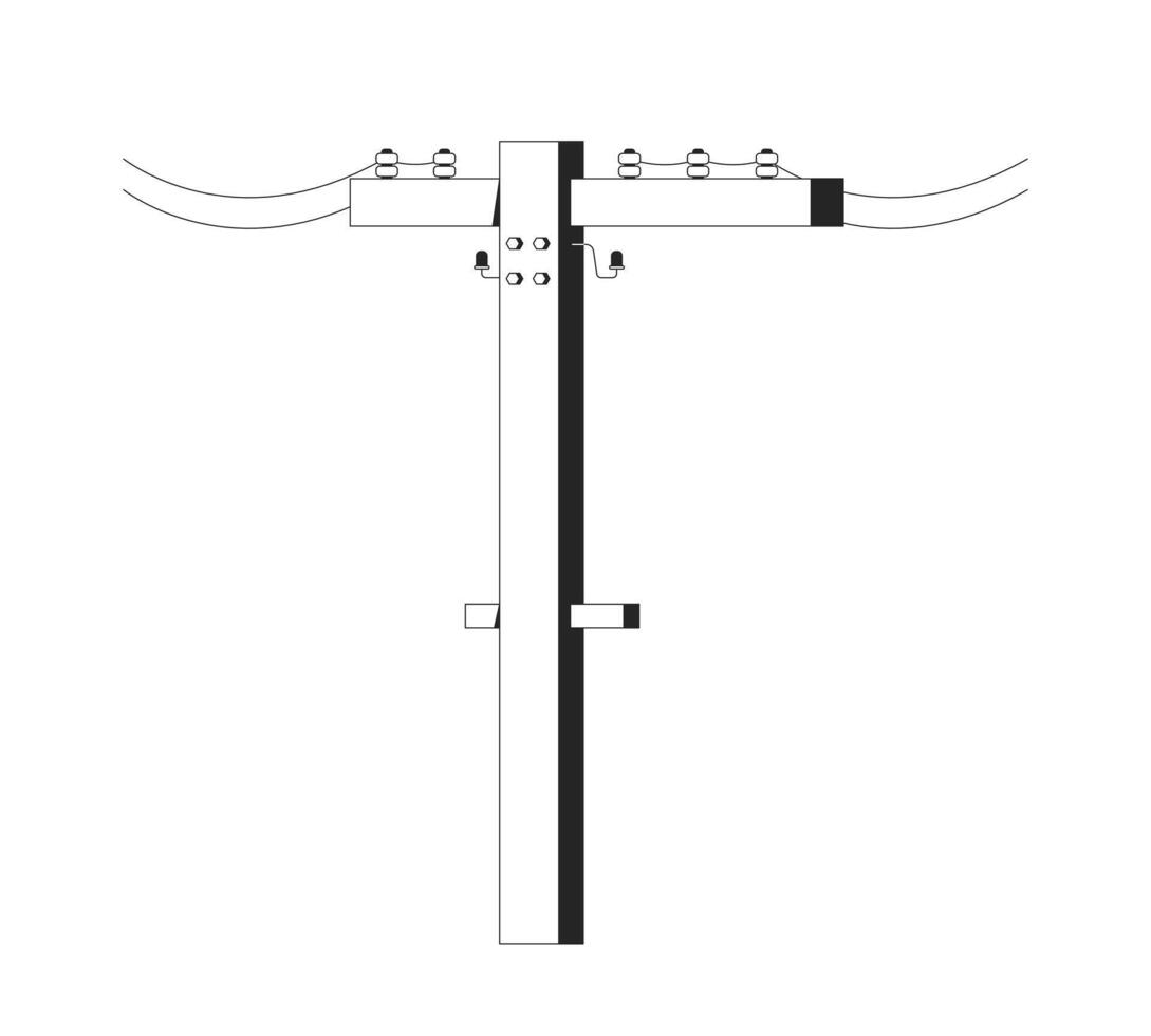 Electric utility pole with wires black and white 2D line object. Powerlines insulators. Electricity distribution infrastructure isolated clip art outline item. Monochromatic spot illustration vector