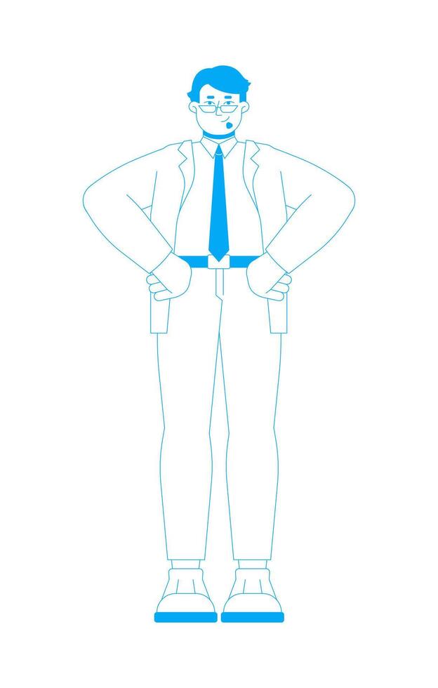 Arab male business administrator with hands on hips 2D outline cartoon character. Businessman in corporate attire isolated person flat on white background. Spot illustration colorful vector