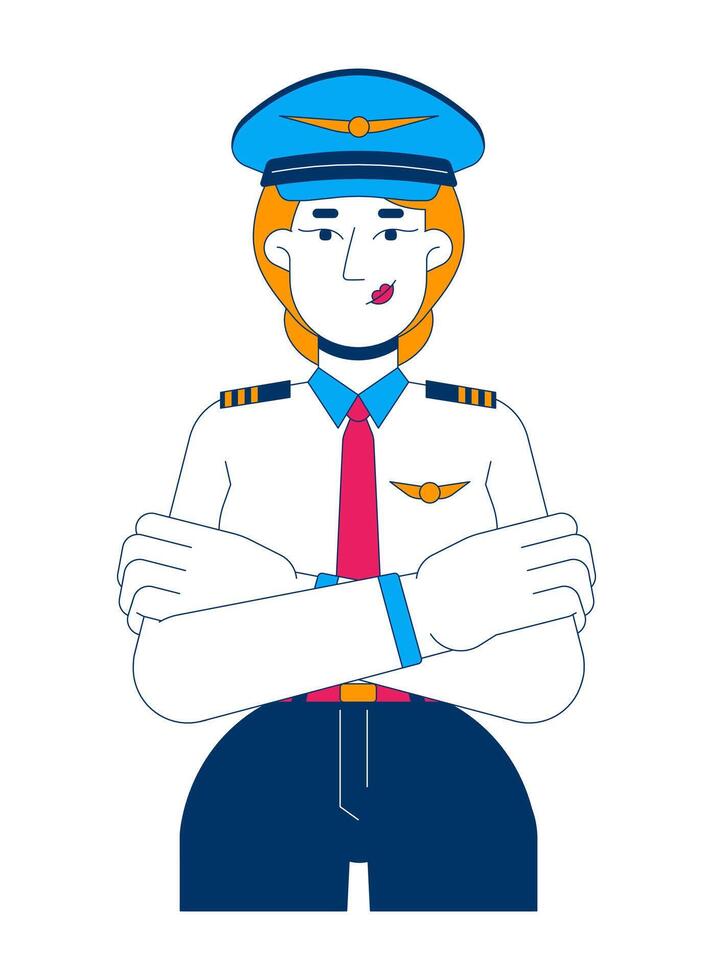 Blonde female pilot in uniform 2D cartoon character. Airline captain caucasian woman standing confidently with arms crossed isolated person flat on white background. Spot illustration colorful vector