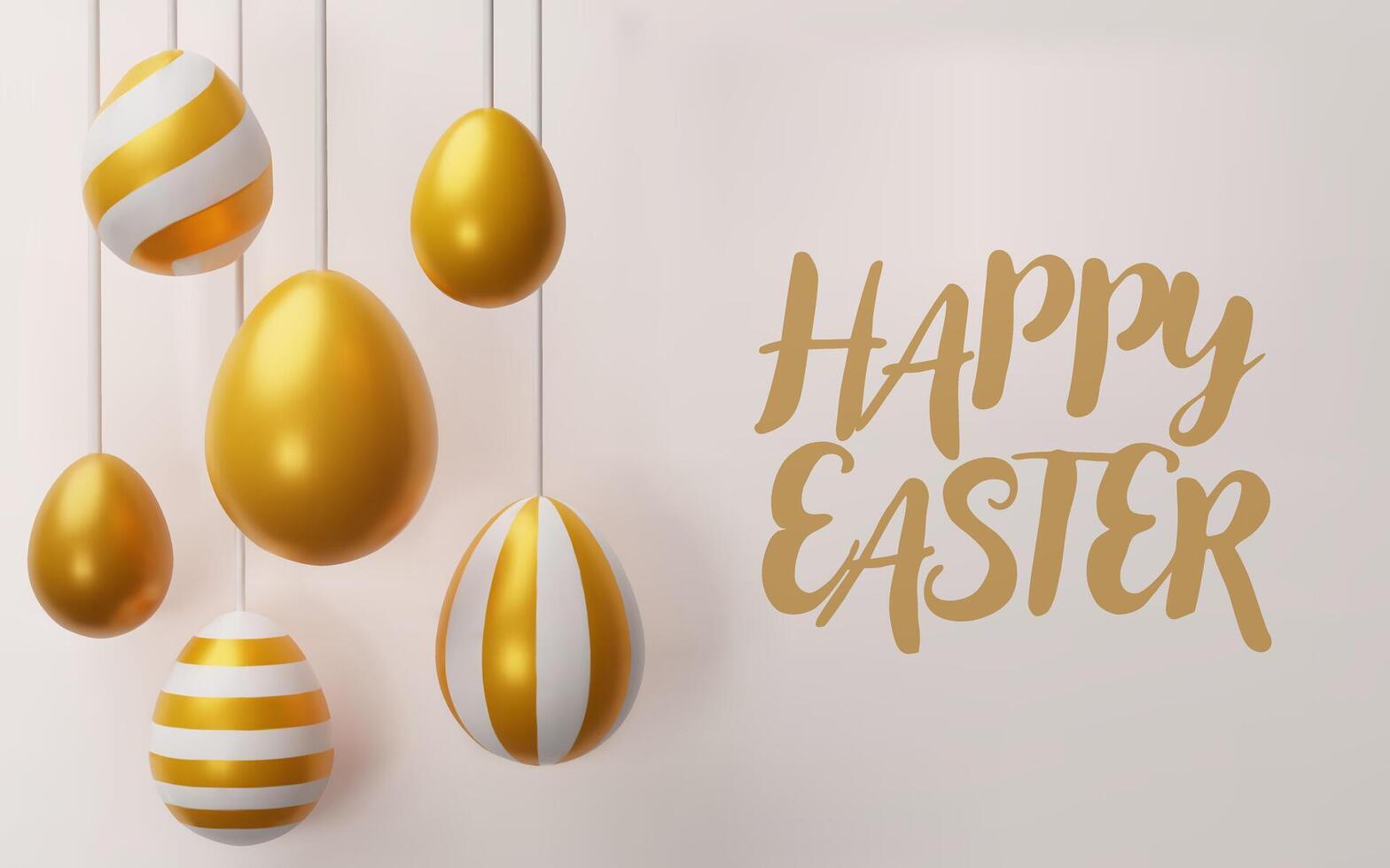 3d render easter gold egg banner. Three-dimensional illustration. Greeting poster for celebration, springtime holiday, kids hunt or design for sale advertising. Modern seasonal card template vector