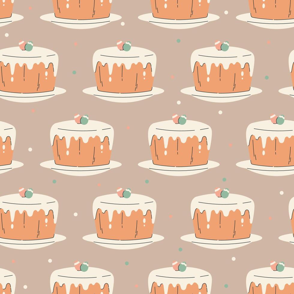 Flat traditional Easter cake with white icing and decorative eggs on top. seamless pattern. Simple design and warm pastel colors create a festive and cozy holiday atmosphere. vector