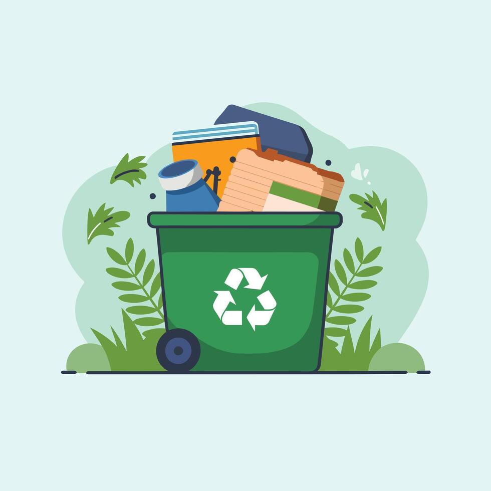 a green trash can with various items in it vector