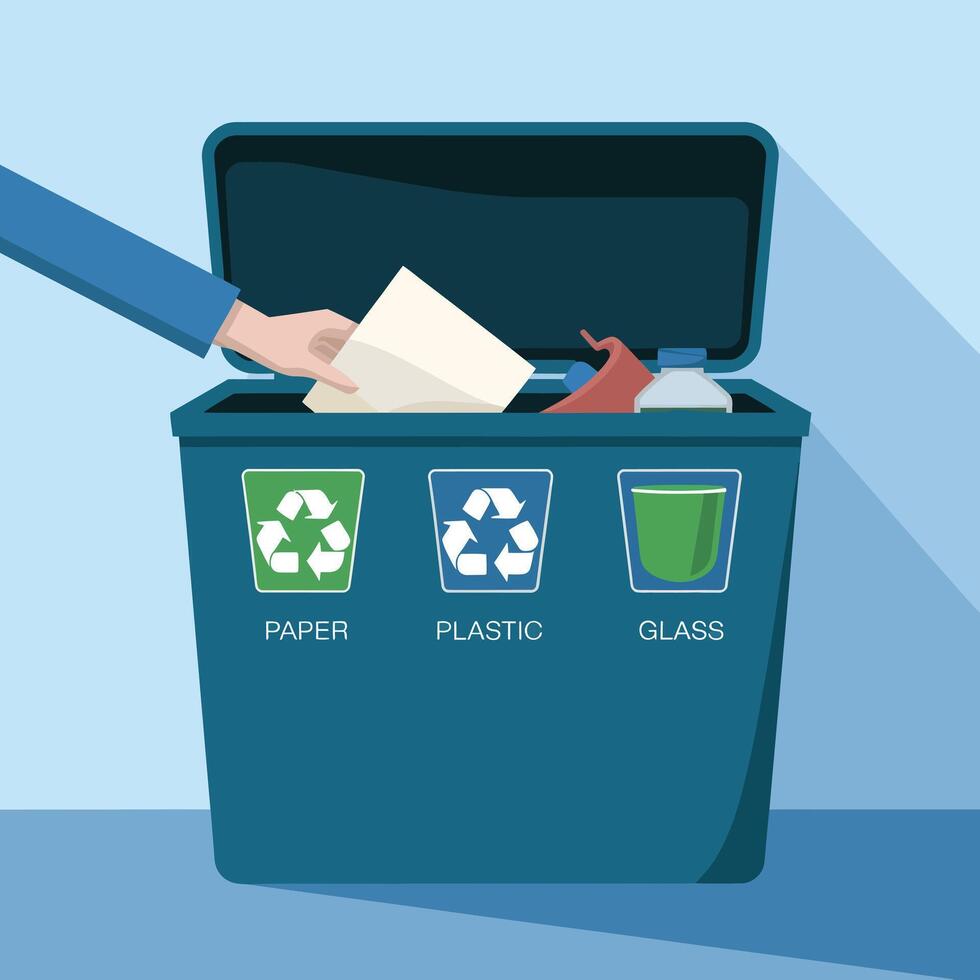 a hand is putting paper, plastic and glass in a recycling bin vector