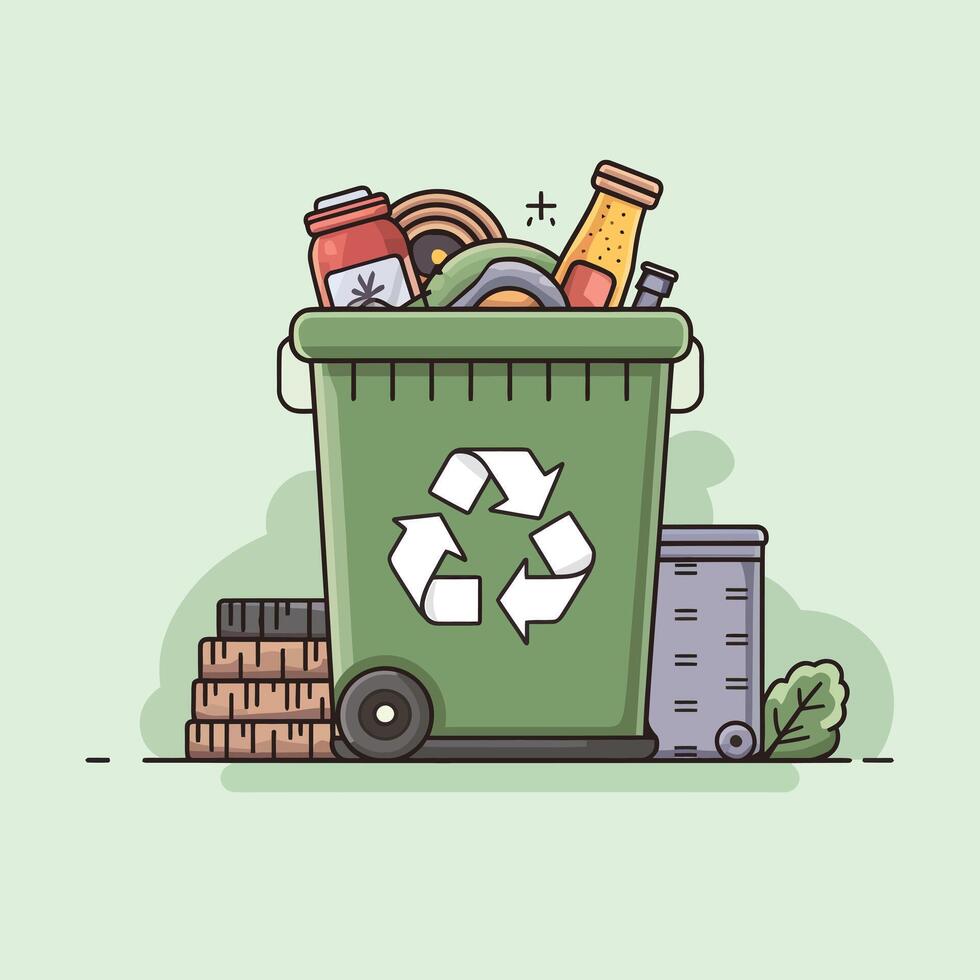 a green trash can with food and other items vector