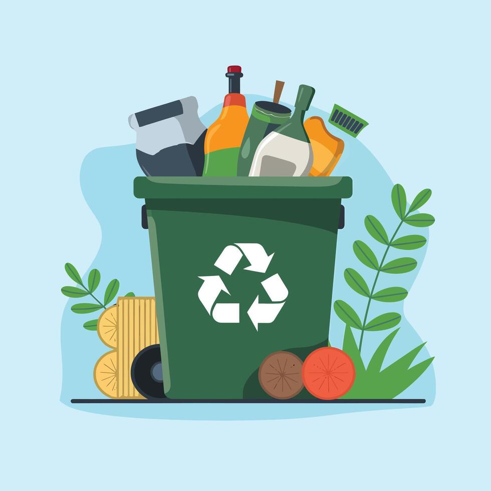 garbage can with recycling items and plants vector