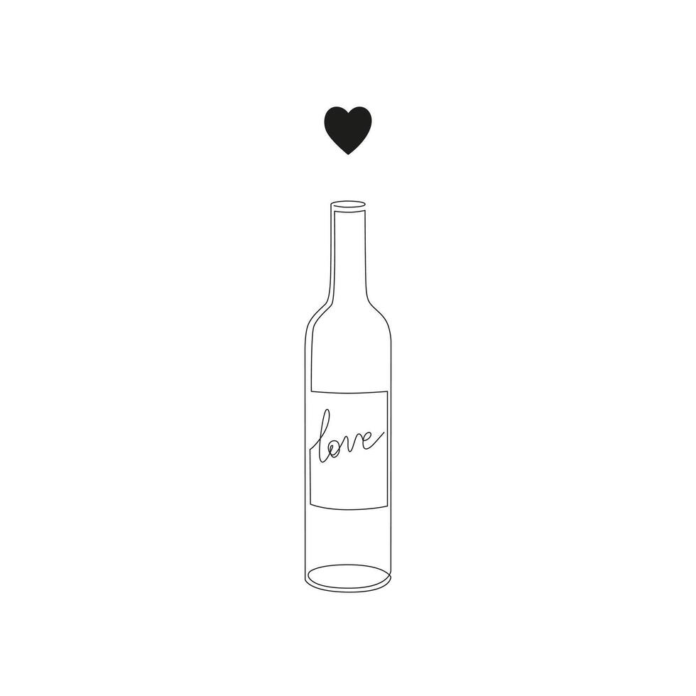 Minimalist line art illustration. Bottle of wine with small heart. Black and white creative illustration for print. Drink with love vector