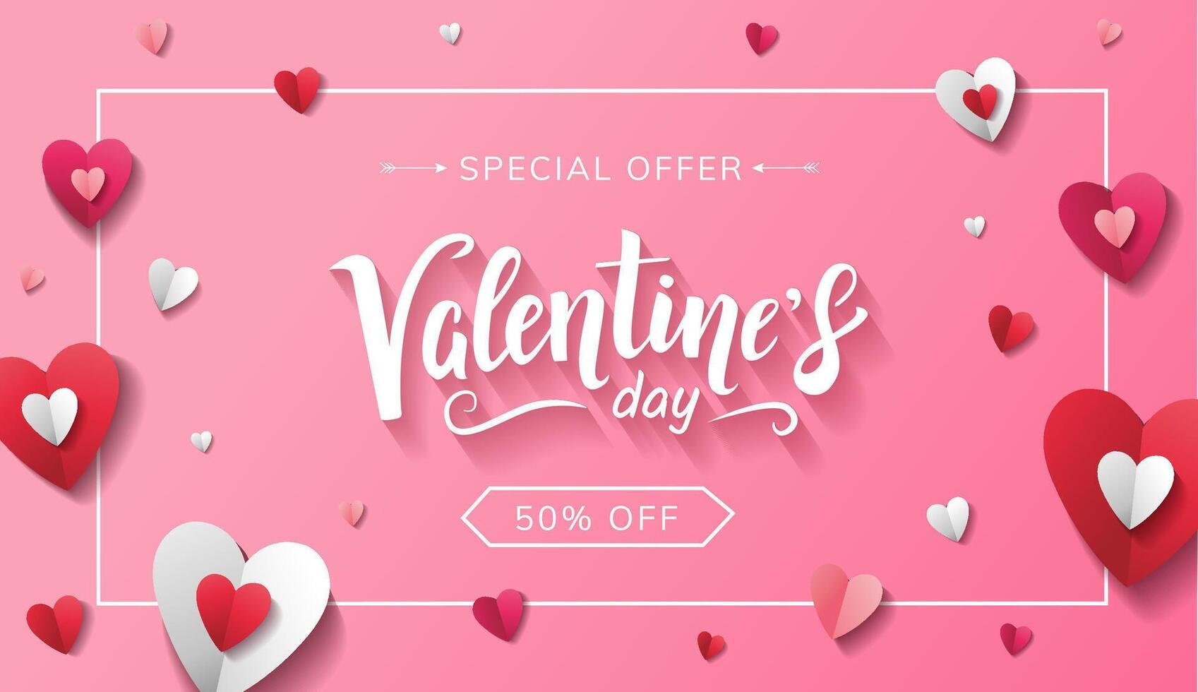 Valentine's Day horizontal pink banner design with hand drawn lettering and paper hearts on pink background. Special offer vector