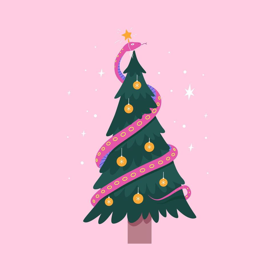 Christmas tree with a funny snake decoration. Playful modern illustration for greeting card or New Year poster. Chinese horoscope. Year of the Snake vector