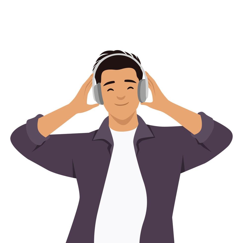 Man wearing headphones and enjoying music with a relaxed expression. vector