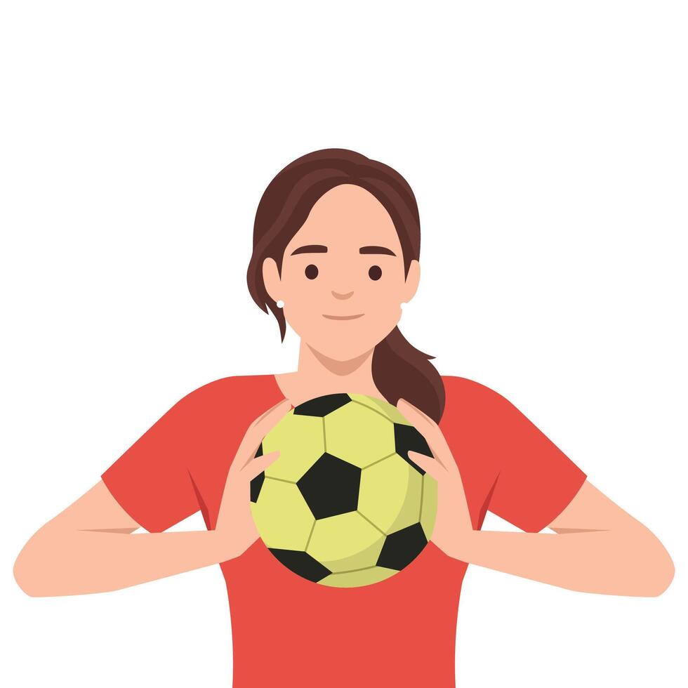 Woman in a red shirt confidently holds a soccer ball, ready to play the game. vector