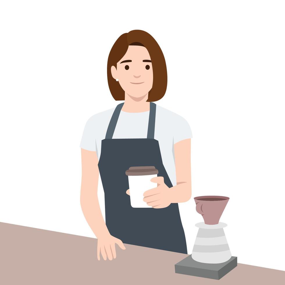 Barista Serving Coffee standing behind a counter with a pourover coffee maker. vector