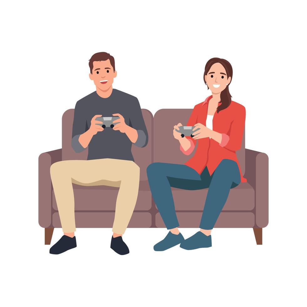 Happy couple enjoys playing games together on the couch. vector
