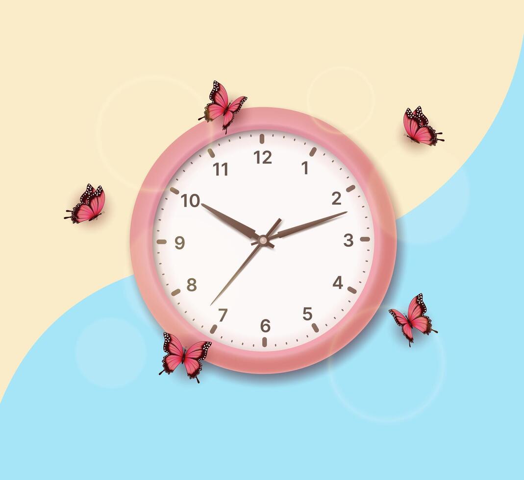 Clock with round hands with flying butterflies and sun glare on yellow blue background. vector