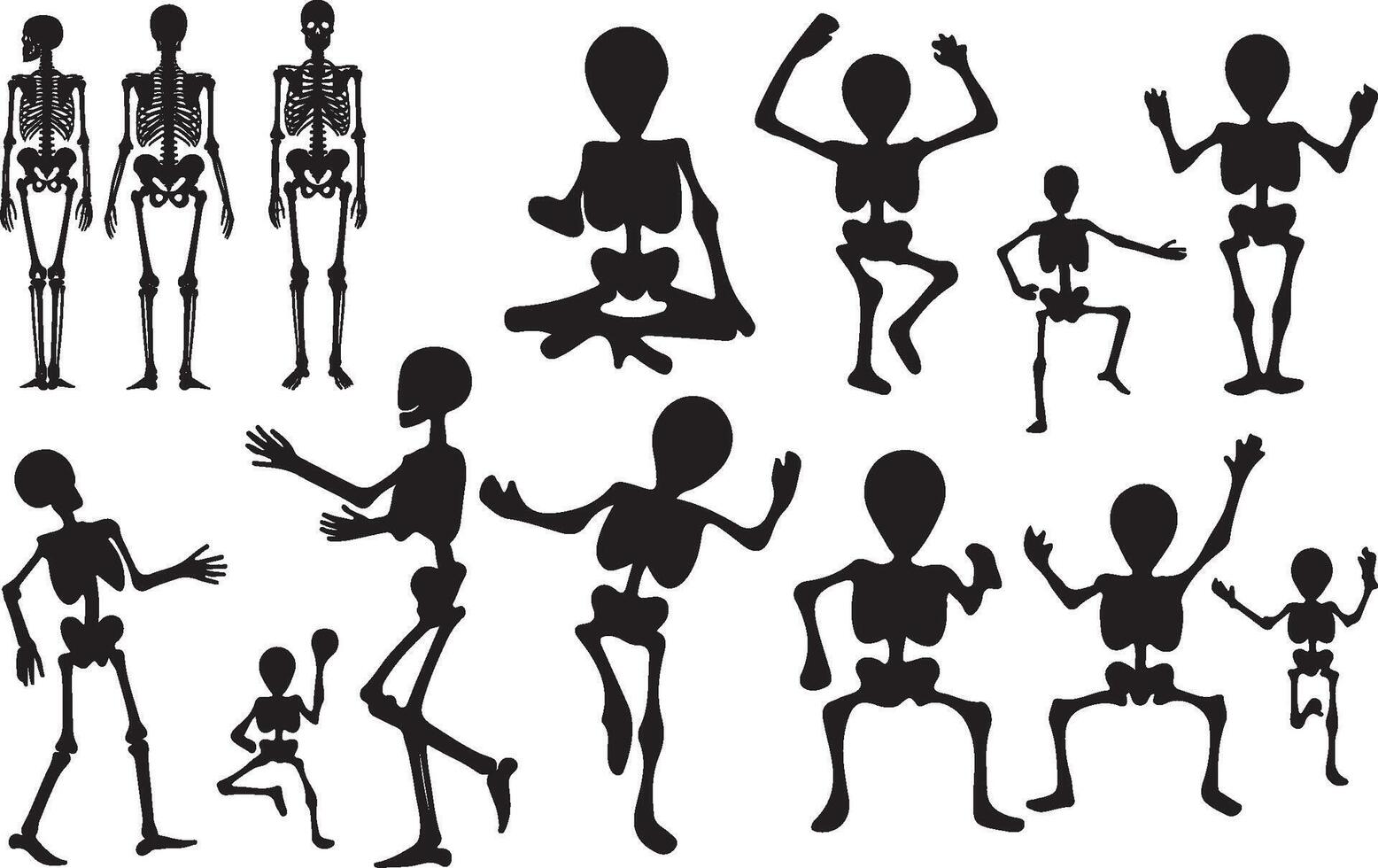 Skeleton silhouettes set of different poses vector