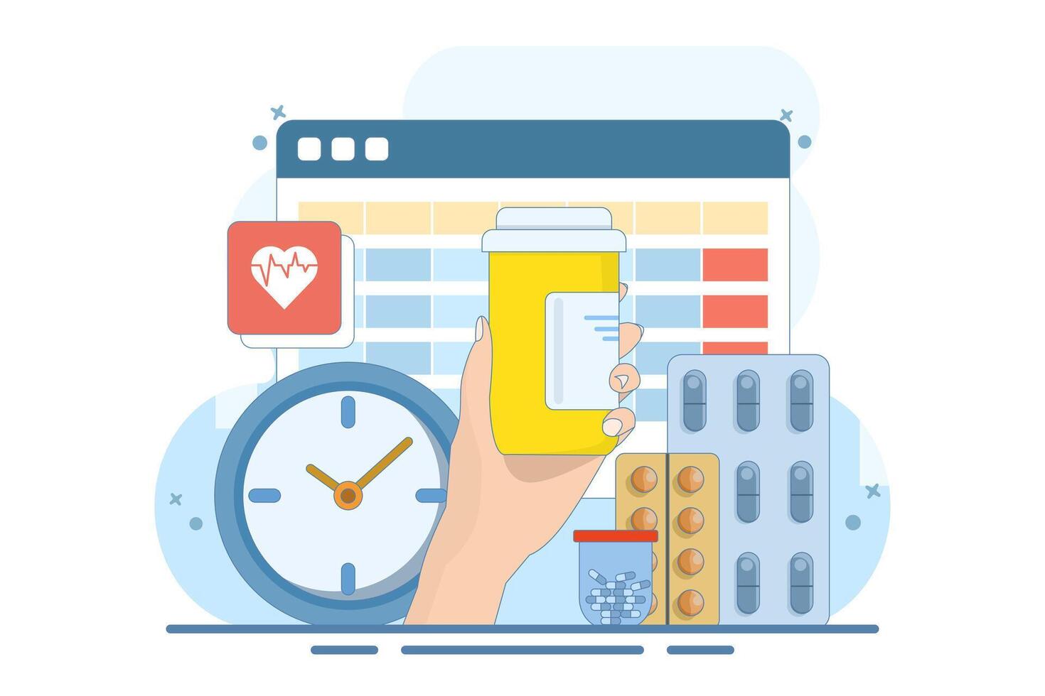 Medication calendar concept with daily pill reminder, organized healthcare routine, medical schedule planning, health tracking, prescription management, and medication-based alerts. Flat illustration. vector