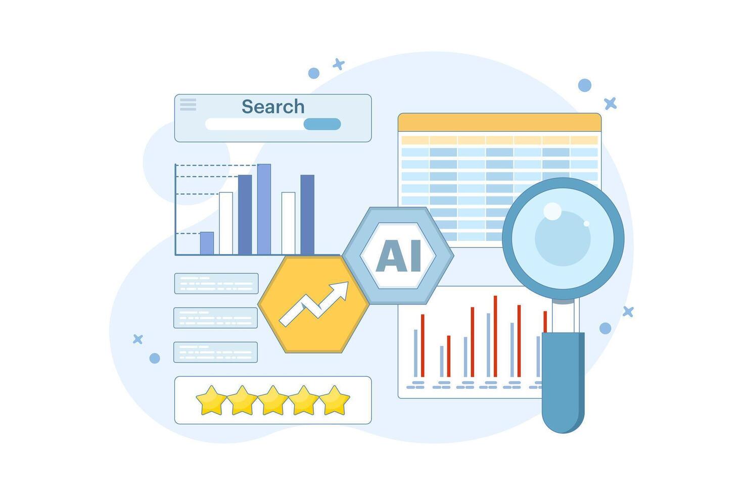 AI Competitor Analysis Concept for SEO. Use AI tools to analyze competitor SEO strategies and identify opportunities. Outline of AI analysis comparing SEO metrics. design vector