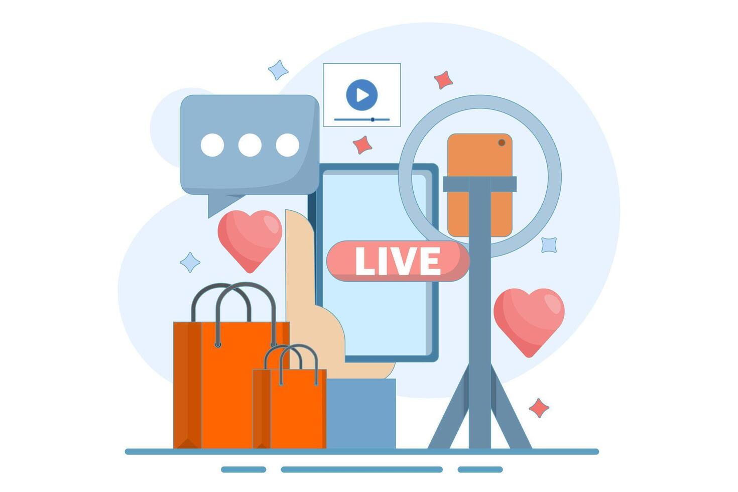 live broadcast host concept. marketing and promotion. explaining product information and interacting with viewers. live streaming and offering products. minimalist design illustration. vector