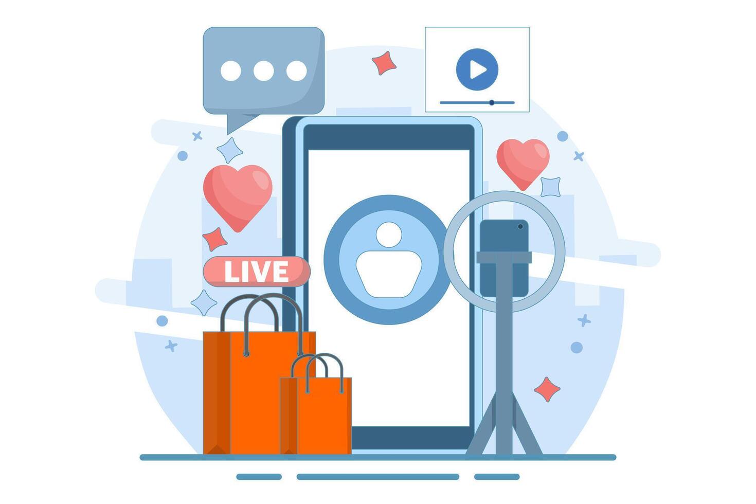 live broadcast host concept. marketing and promotion. explaining product information and interacting with viewers. live streaming and offering products. minimalist flat design illustration. vector