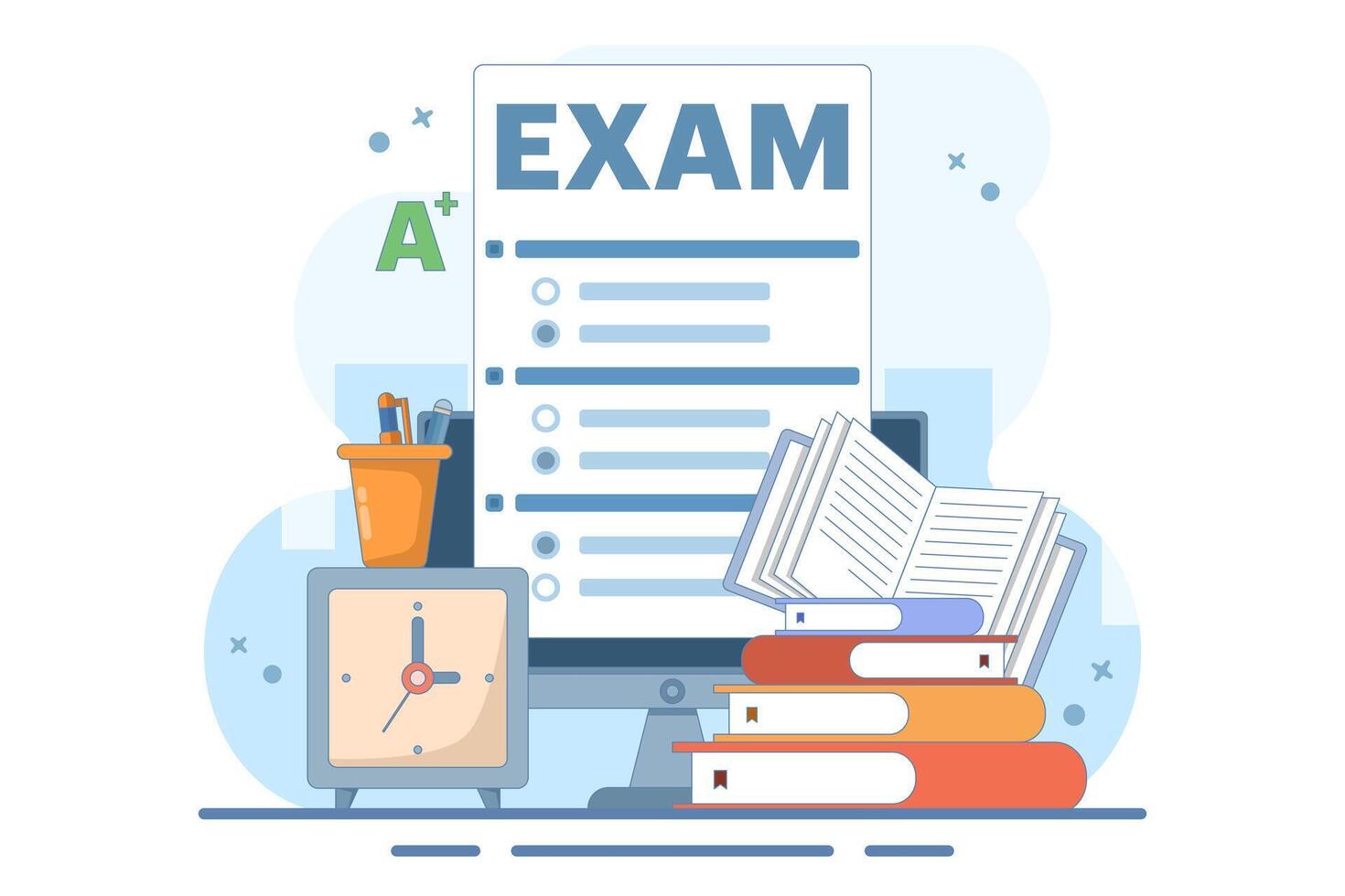 Exam concept. Education, study, digital e-learning, degree, postgraduate concept. checking exam results. Modern flat cartoon style. Design illustration on background. vector