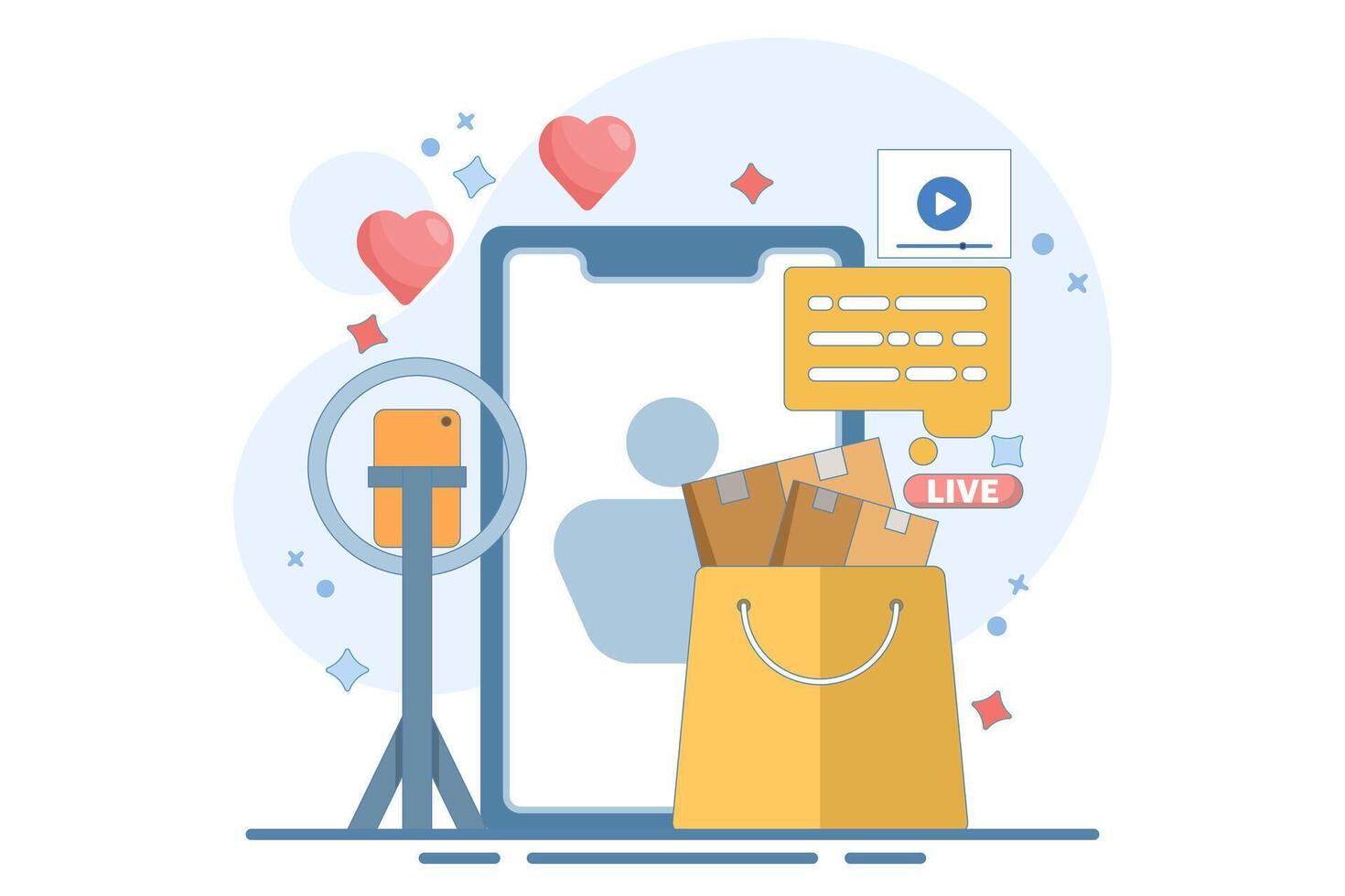 live broadcast host concept. marketing and promotion. explaining product information and interacting with viewers. live streaming and offering products. flat design illustration in the background. vector