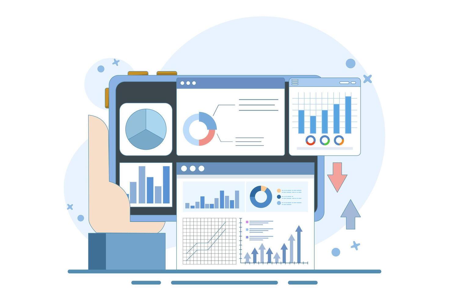 Concept for business analysis, market research, product testing, data analysis. Business Graphics Information Report Analysis. Business Data Analysis. Modern flat design illustration on background. vector